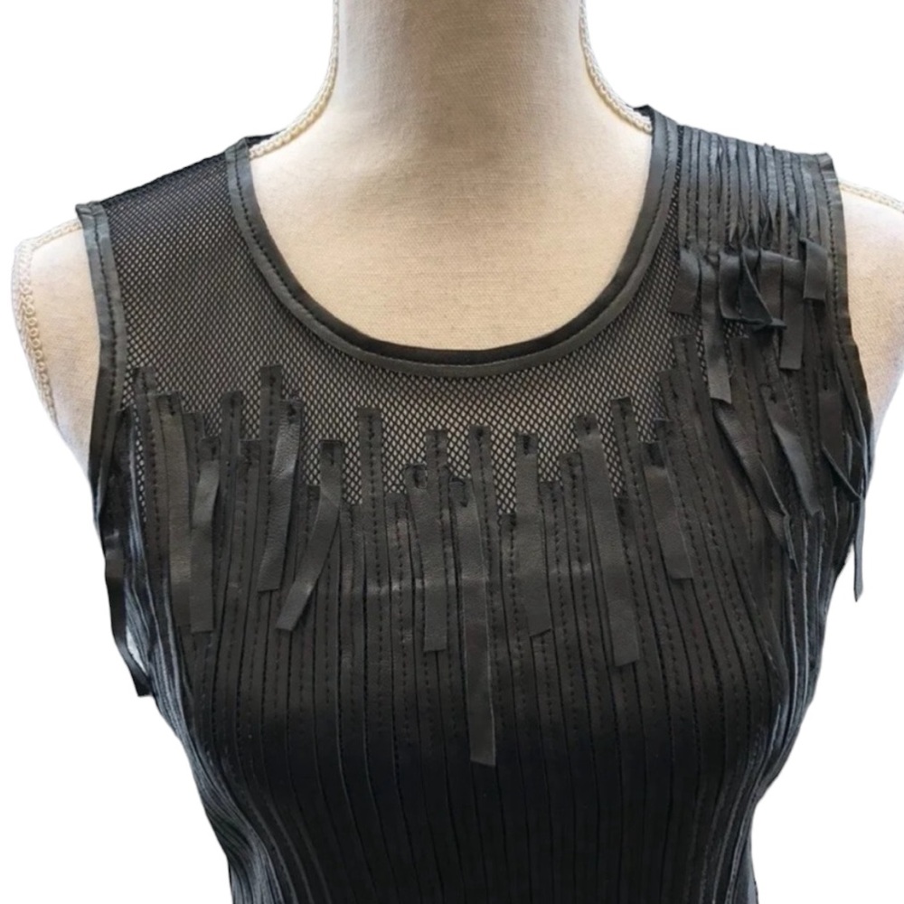 Elie Tahari black leather & mesh Milan fringe dress. Sizzling hot. Size 2.